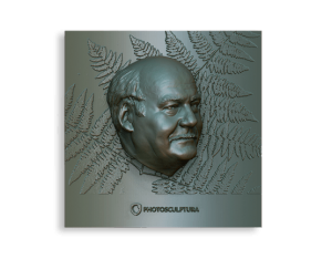 Plaquette in 3D render. Preview met PhotoSculptura. één beeld. vierkante plaquette.