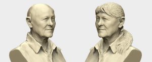 Render van brons standbeeld met en zonder haar van Joke Alberts